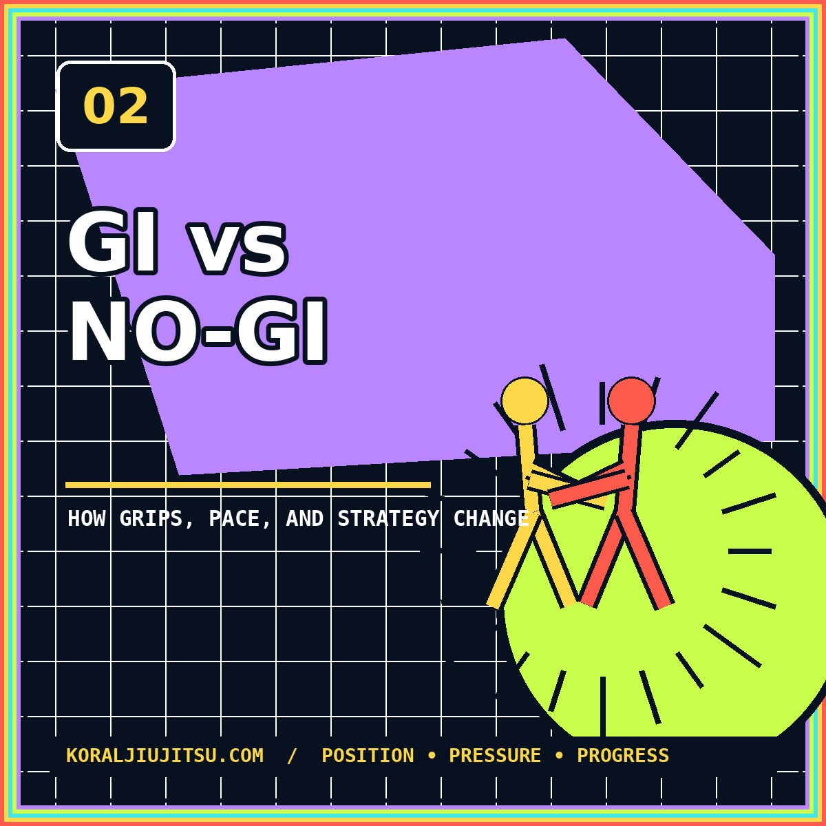 Neon typography card reading Gi vs No-Gi with abstract standing grapplers