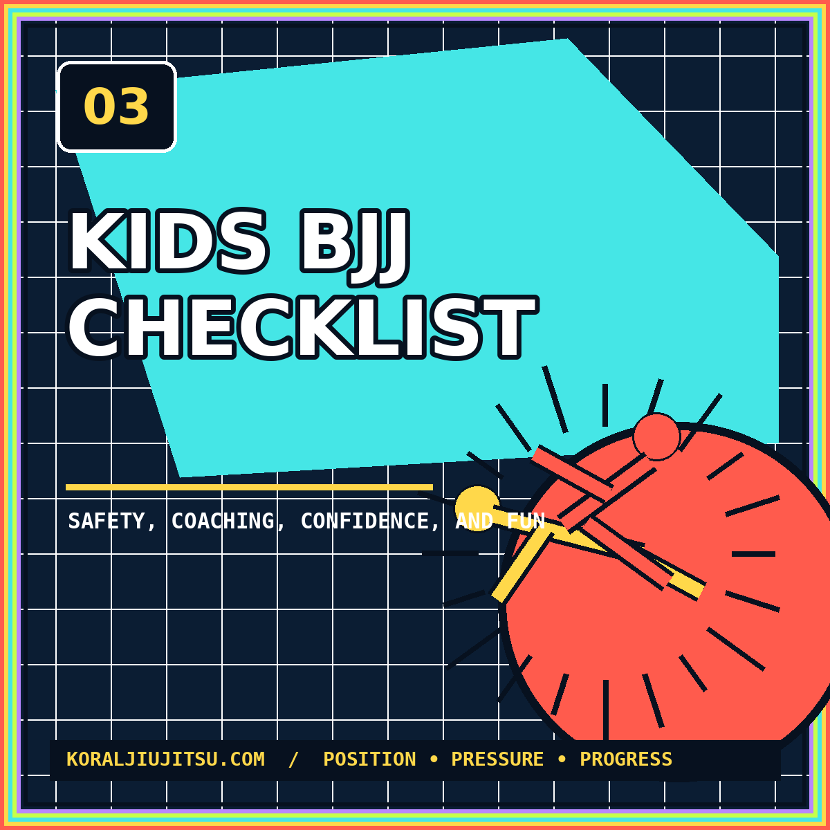 Neon typography card reading Kids BJJ Checklist with abstract grappling figures
