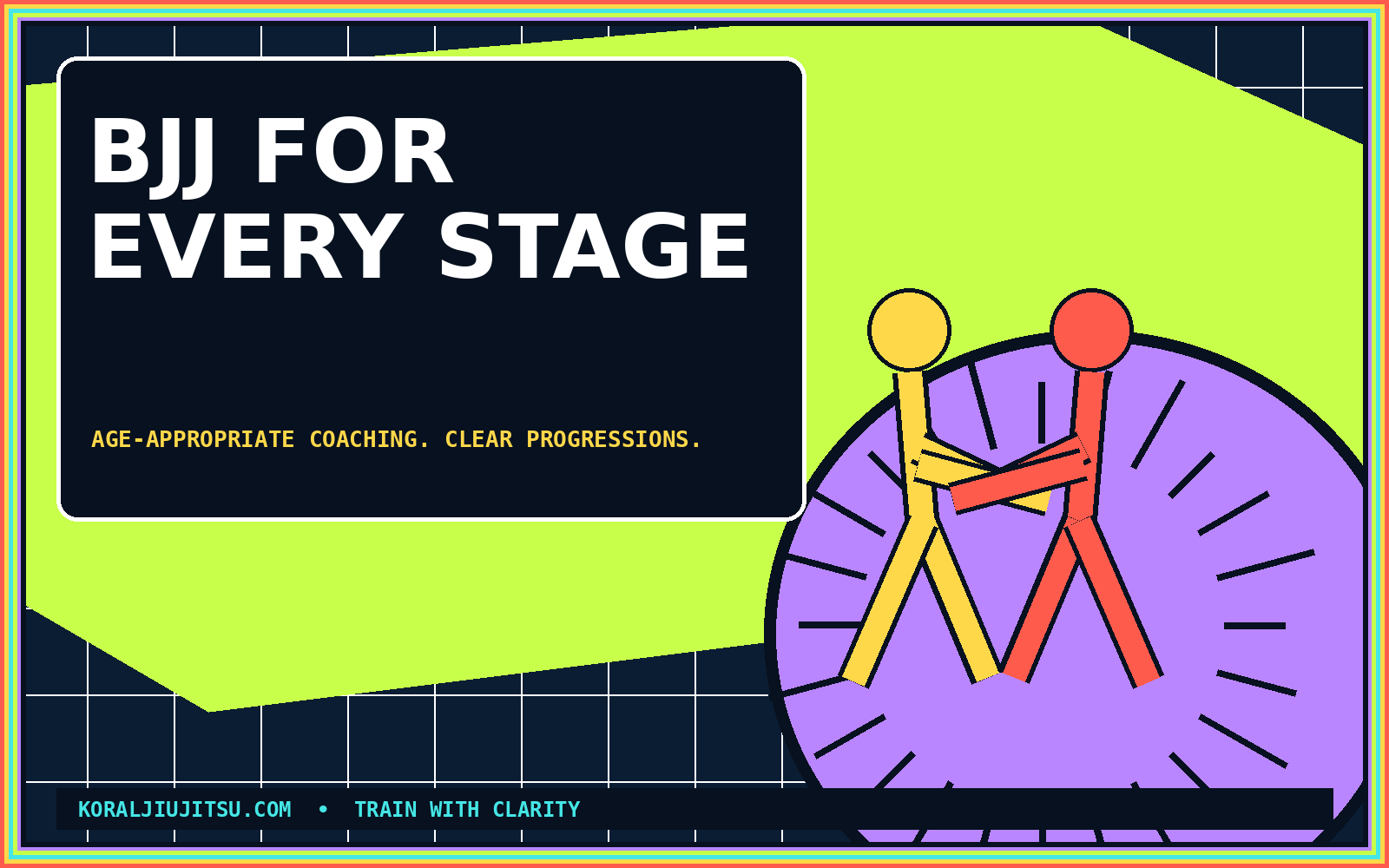 Koral Jiu-Jitsu graphic about BJJ for every stage with abstract grapplers